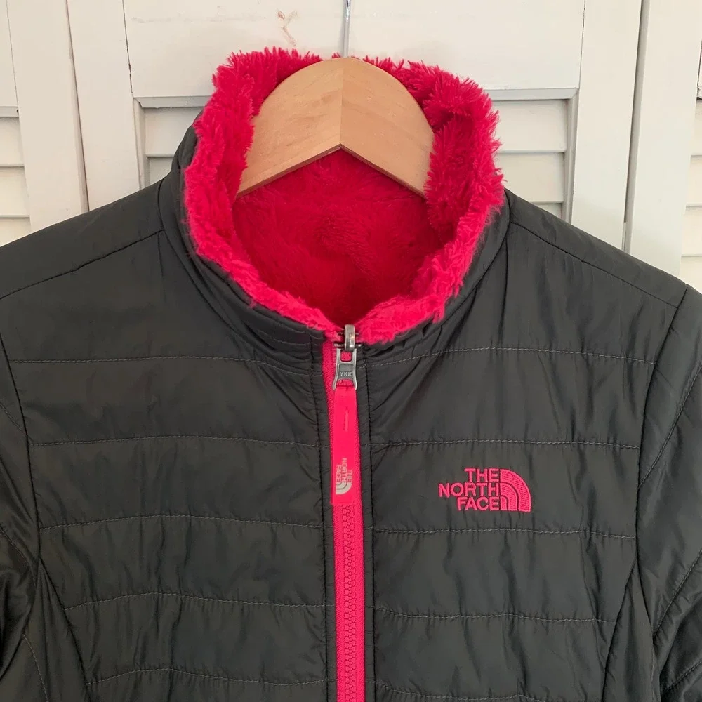 The North Face Girl‎ Youth XL 18 Reversible Mossbud Jacket Coat Grey Pink Fleece